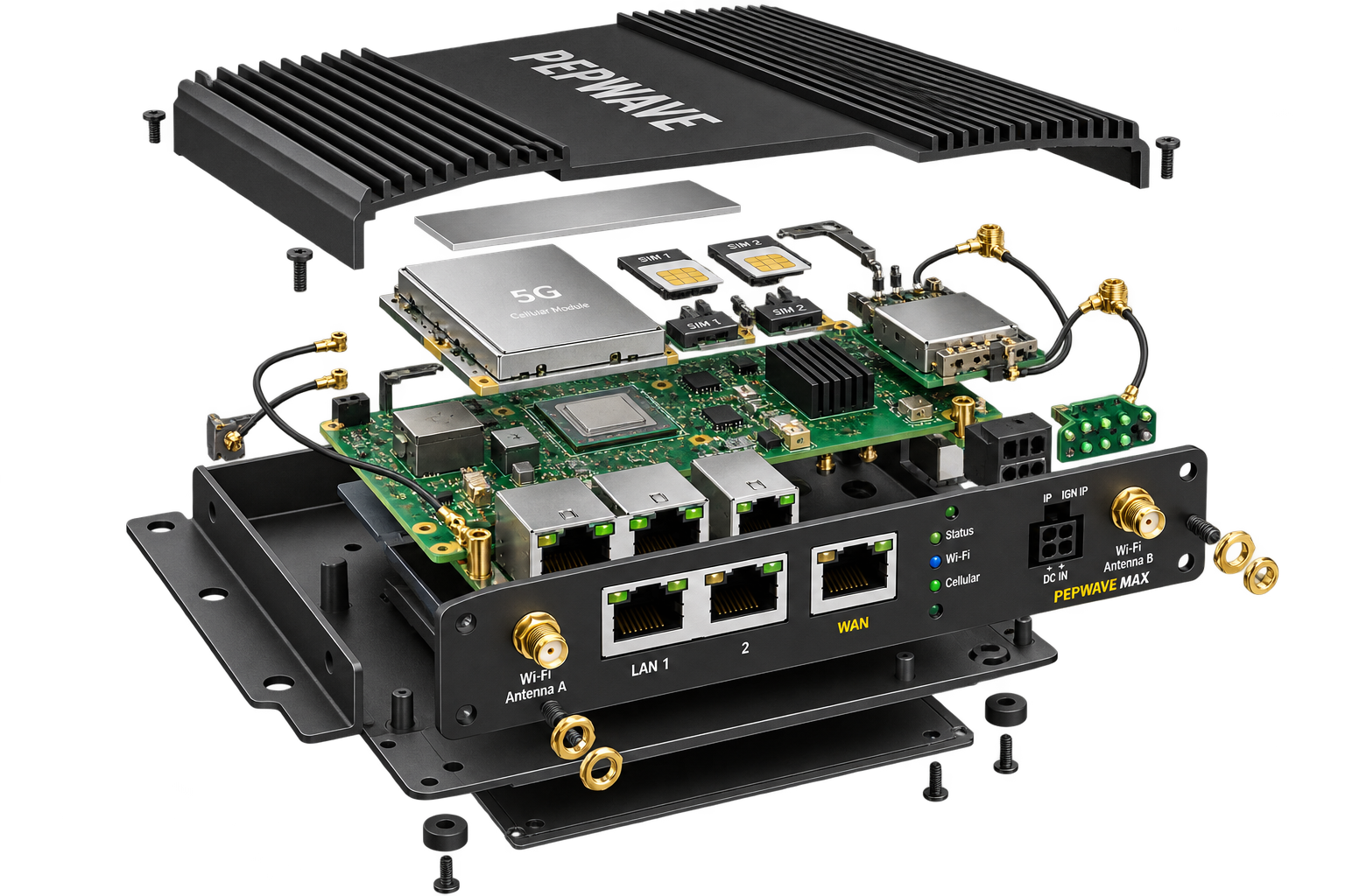 Peplink B One 5G-router met 5G-module, ethernetpoorten en Wi-Fi-antennes, kant-en-klaar geconfigureerd